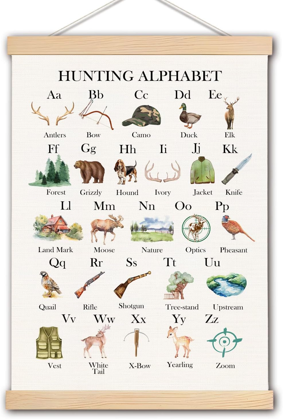 pouep Hunting Alphabet Nursery Wall Art Poster, Hunting Nursery Decor, Forest Animal ABC Alphabet Educational Canvas Prints Wall Decor for Kids Baby Toddler Boys Room Dorm, 12x16 Inches