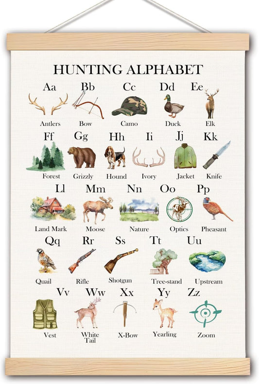 pouep Hunting Alphabet Nursery Wall Art Poster, Hunting Nursery Decor, Forest Animal ABC Alphabet Educational Canvas Prints Wall Decor for Kids Baby Toddler Boys Room Dorm, 12x16 Inches