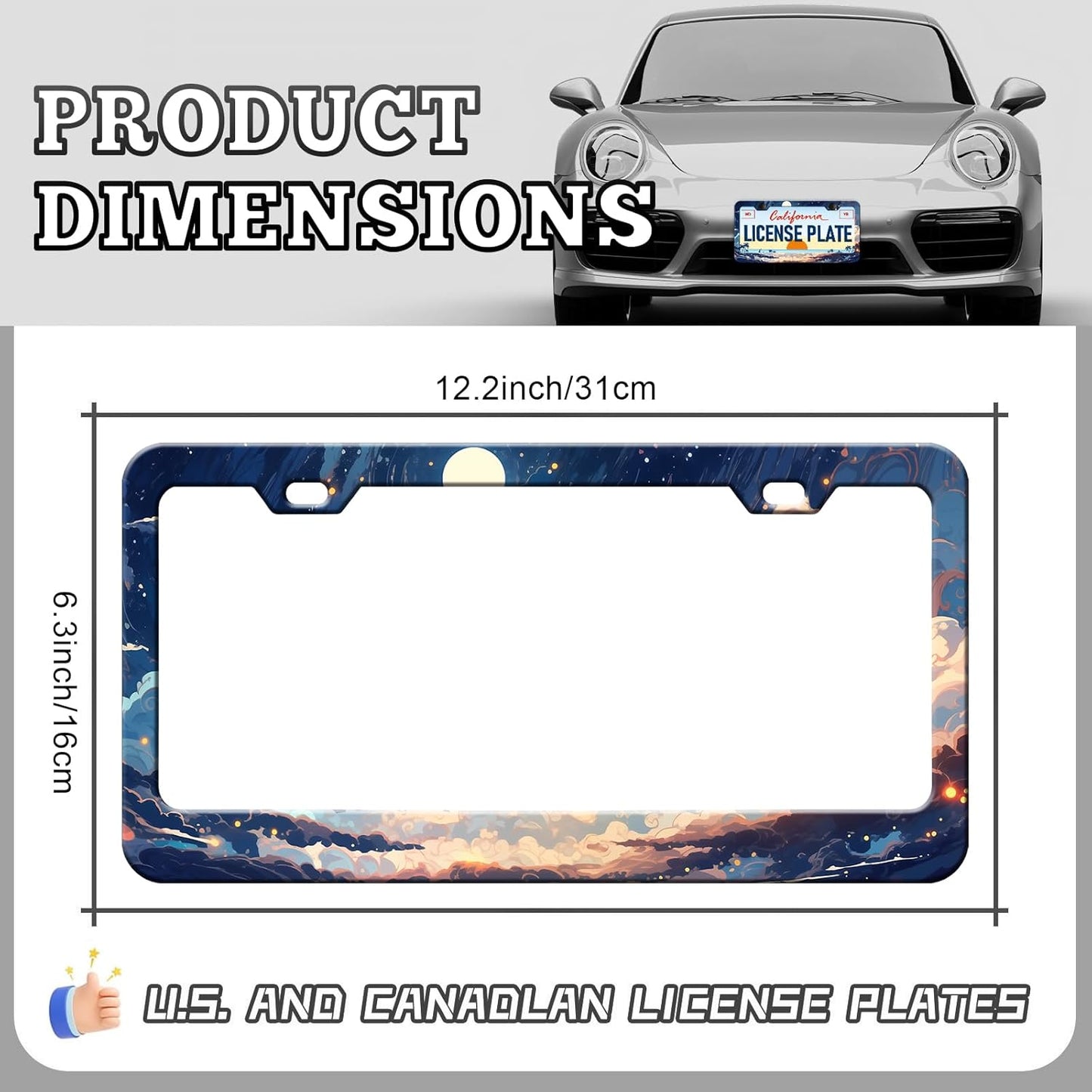 Anime Cloud Moon Starry Sky License Plate Frames - 2 Pack Front Rear Night Scene License Plates Holder Covers, Aluminum Metal Rust-Proof Waterproof Car Tag Frame with Screws Fasteners Caps