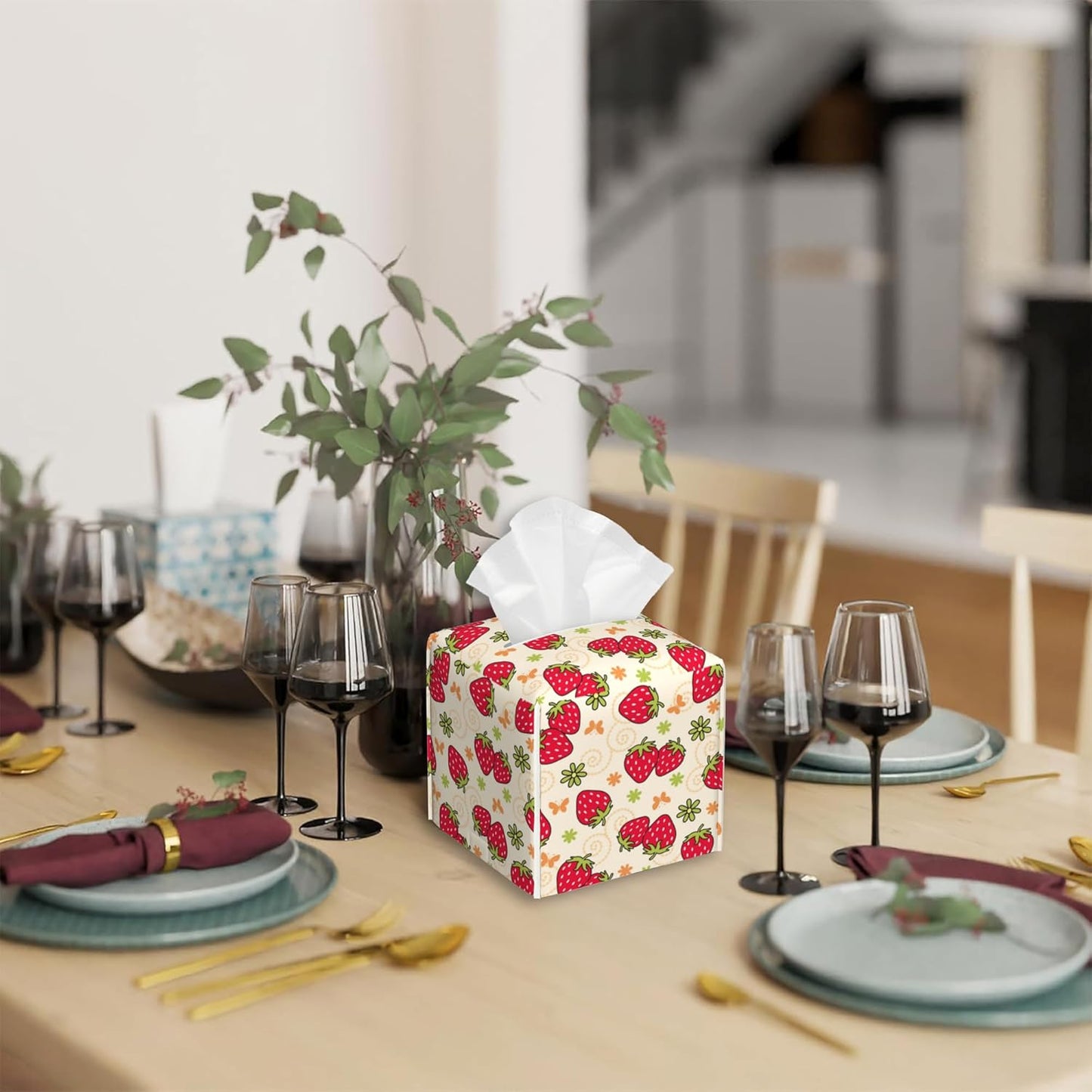 Tissue Box Cover Square,Strawberry and Floral Tissue Box Holder Waterproof Leather Facial Paper Case Modern Home Decoration for Bedroom Dresser Night Stand Office Desk