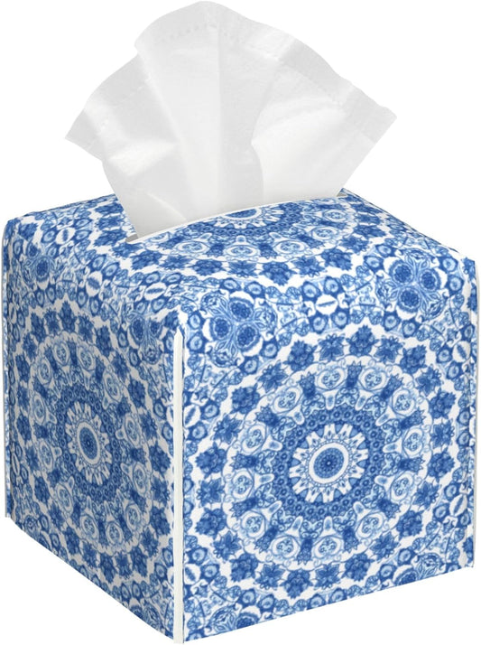 Boho Mandala Flower Tissue Box Cover Square, Blue and White Porcelain Floral Tissue Box Holder Waterproof Leather Facial Paper Organizer Dispenser for Bathroom Home Car Nightstand Vanity Desk