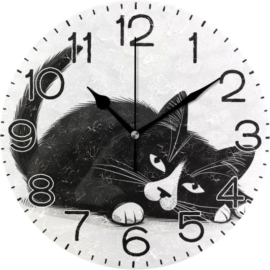 A Black Cat Wall Clock Battery Operated Non Ticking Silent Quartz Analog Rustic Farmhouse Round Clock Retro Decor for Home Kitchen Living Room Bathroom