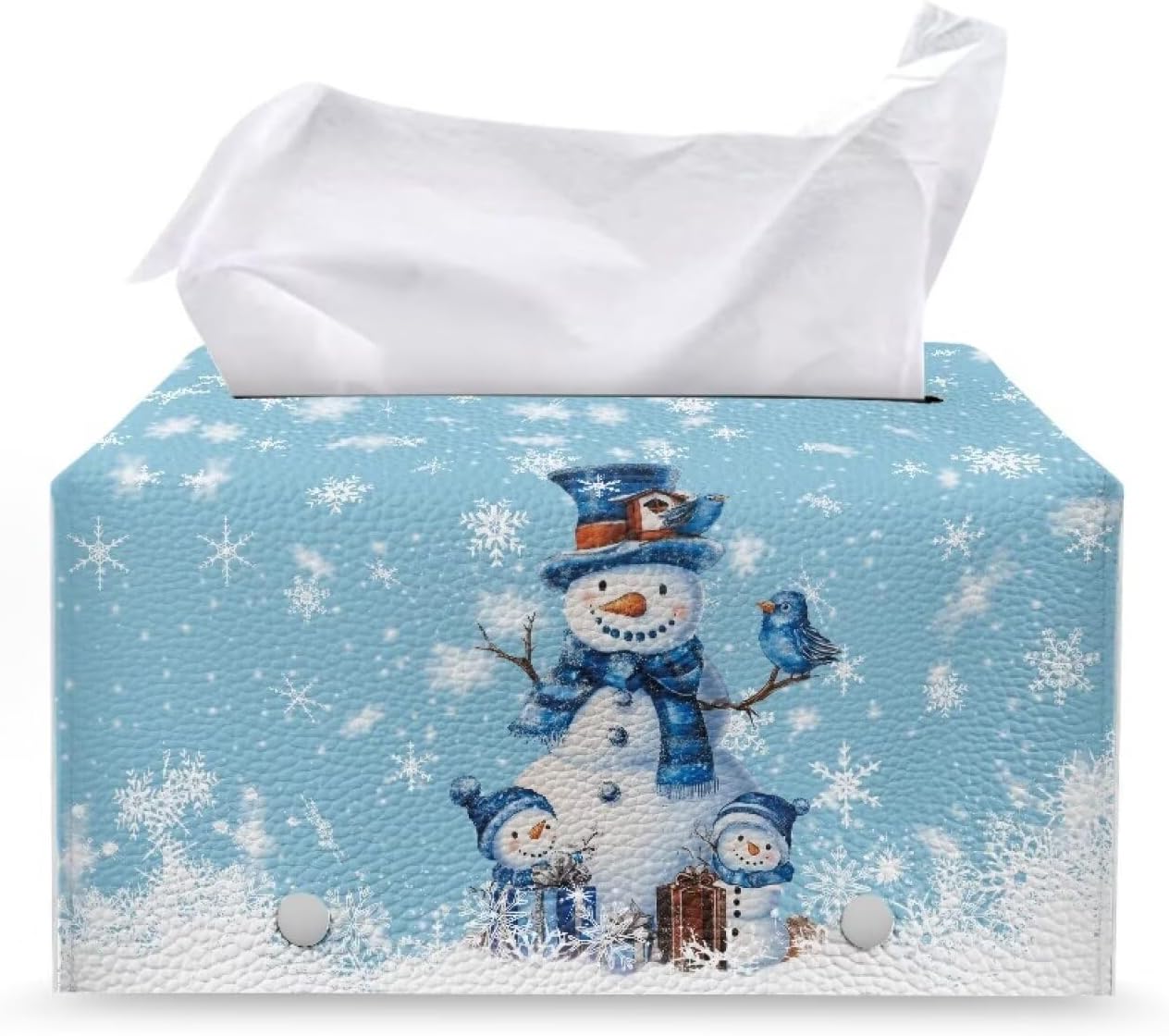 Cute Snowman Tissue Box Cover - PU Leather Rectangle 9x5x5 Decorative Box Holder for Home, Office, Car, Desk, Bathroom