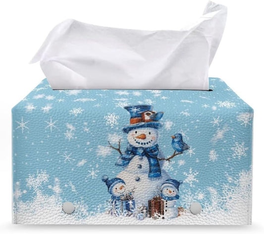 Cute Snowman Tissue Box Cover - PU Leather Rectangle 9x5x5 Decorative Box Holder for Home, Office, Car, Desk, Bathroom