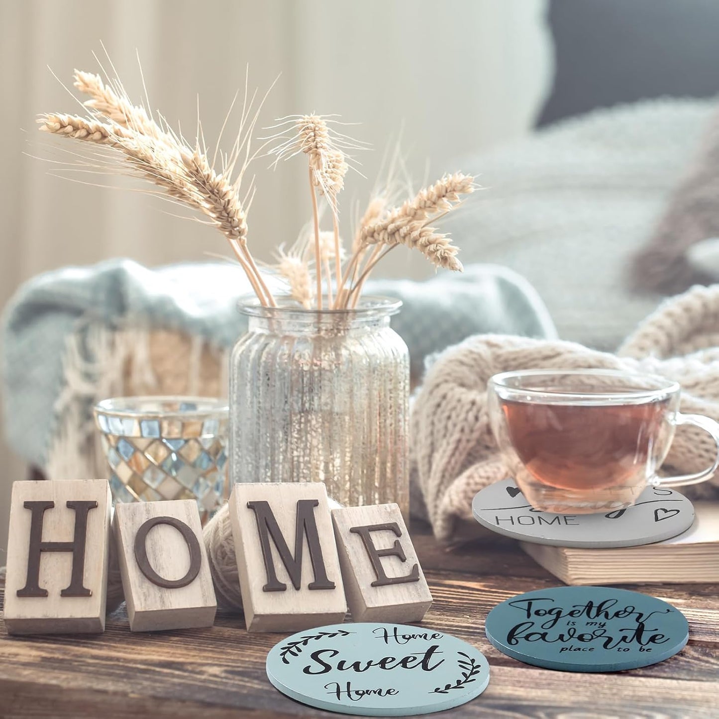 Queekay Housewarming Gifts for Home Decoration Wooden Heart Coasters for Drinks 6 Set Farmhouse Coasters with Holder Funny for Family Coffee Table Protection, 4''(Gray Blue)