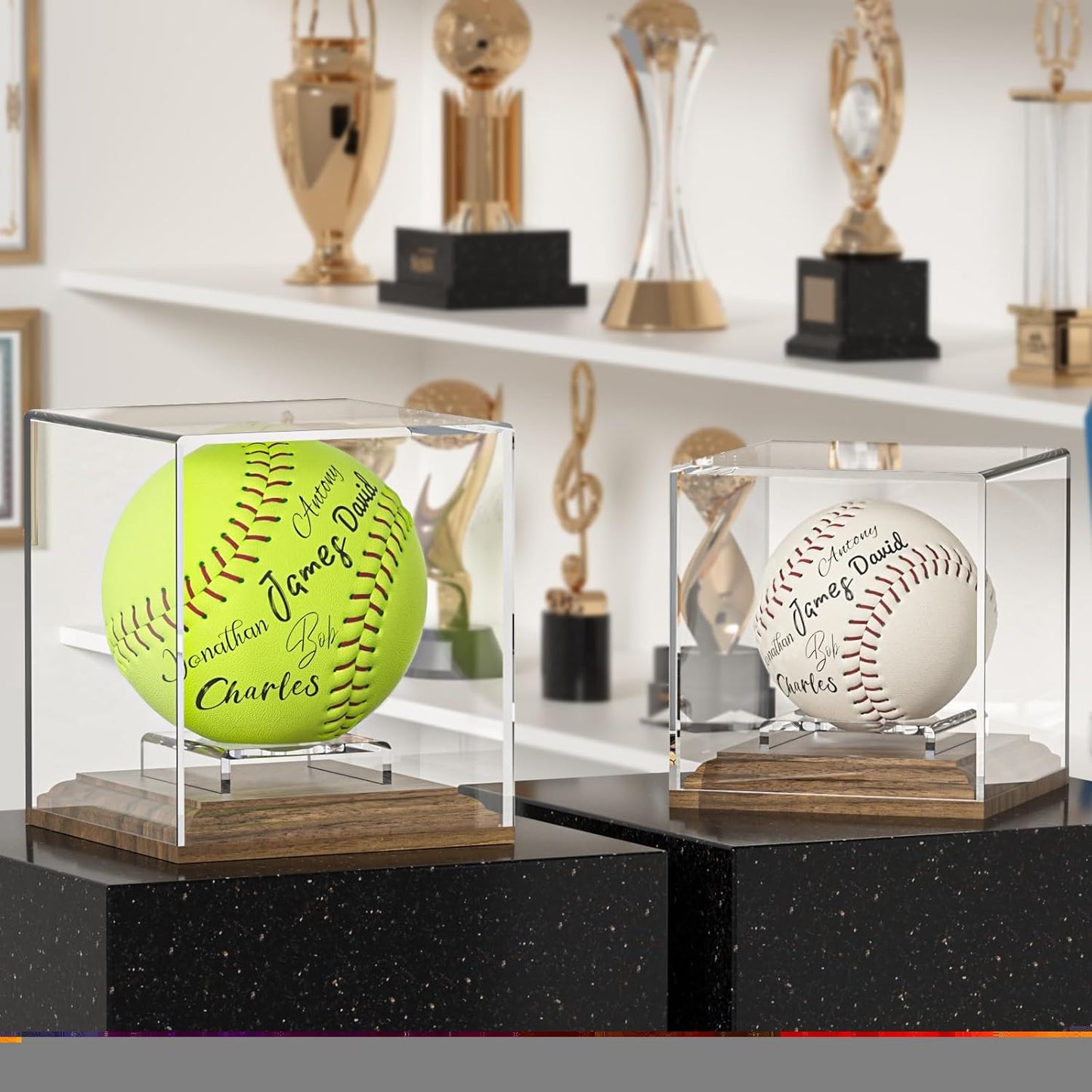 Softball Display Case Walnut Wood Base Acrylic Softball Case Display Softball Holder Stand Cube Memorabilia Showcase Autograph Ball Protector for Official Size Ball Display