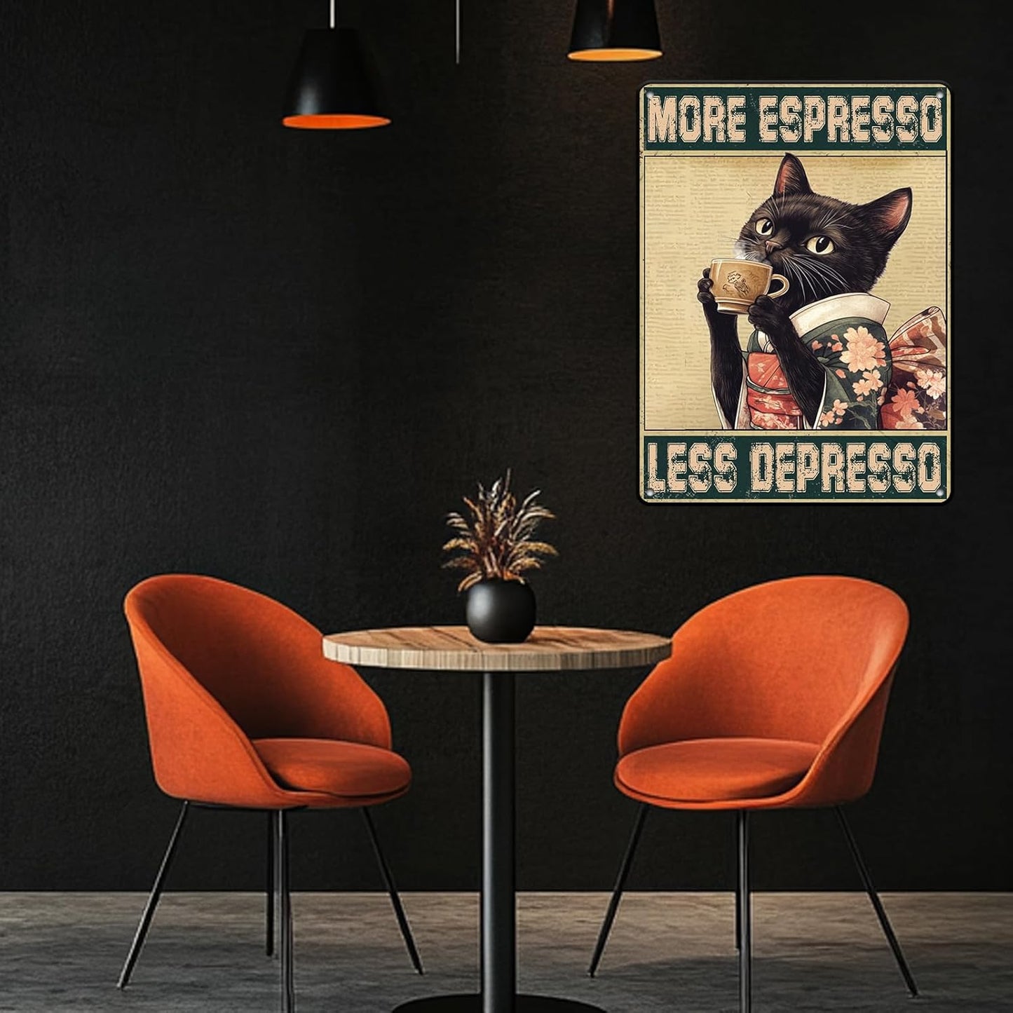Coffee Cat Metal Posters More Espresso Less Depresso Metal Tin Sign Kimono Cat Bar Pub Sign Poster Home Decor Garage Bar Restaurant Kitchen Cafe Poster 12x16 Inch