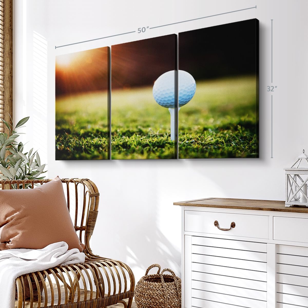 ElephantStock Golf Ball Tee Wall Art - Horizontal Canvas - 3-Piece Living Room Wall Decor - Photography Photographic Canvas Print - Black and White Decor for Wall - 50" X 32"