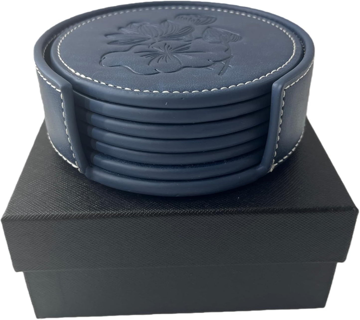 Custom Vintage Coasters Set of 6, Leather Coasters with Holder, Coaster for Office Desk, Non-Slip, Non-Stick, Easy Clean, for Housewarming Gifts, Home Decor, Wooden Table, Coffee Table, Bar (Blue)