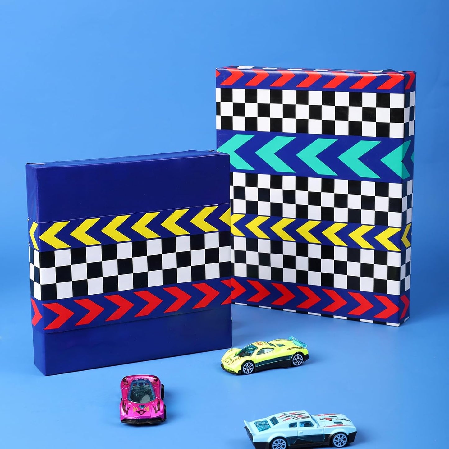 LaRibbons Race Car Reversible Wrapping Paper Mini Roll, Race Track and Checkered Flag Design, Perfect for Kids and Boys Birthdays, 17" x 33'(46.7 sq. ft)