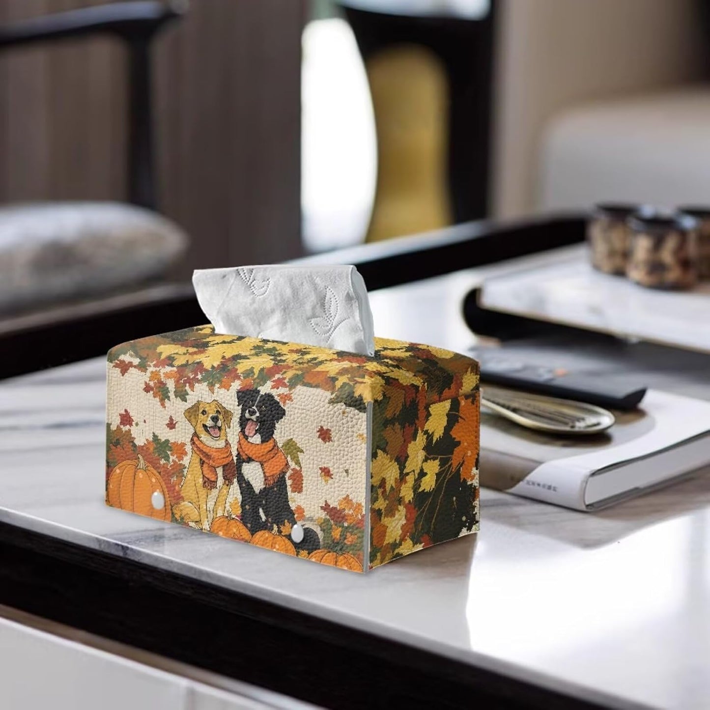Cute Dog Tissue Box Cover Rectangle Tissue Box Cover PU Leather Facial Paper Holder Thanksgiving Decorative Napkin Organizer for Home Car Hotel Office Indoor Decorations