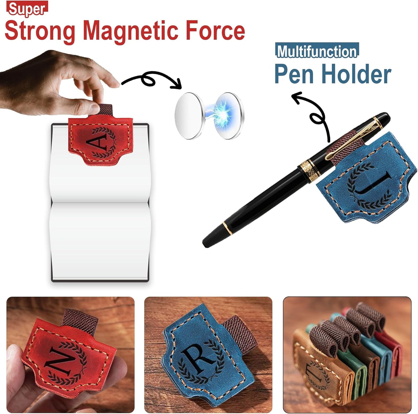 Bygone Mark Bookmark with Pen Holder, 26 Letters Name Initial Personalized Magnetic Bookmarks, Leather Book Mark for Men Women, Travelers Accessories, Teachers Readers Book Lovers Gifts (Purple, L)