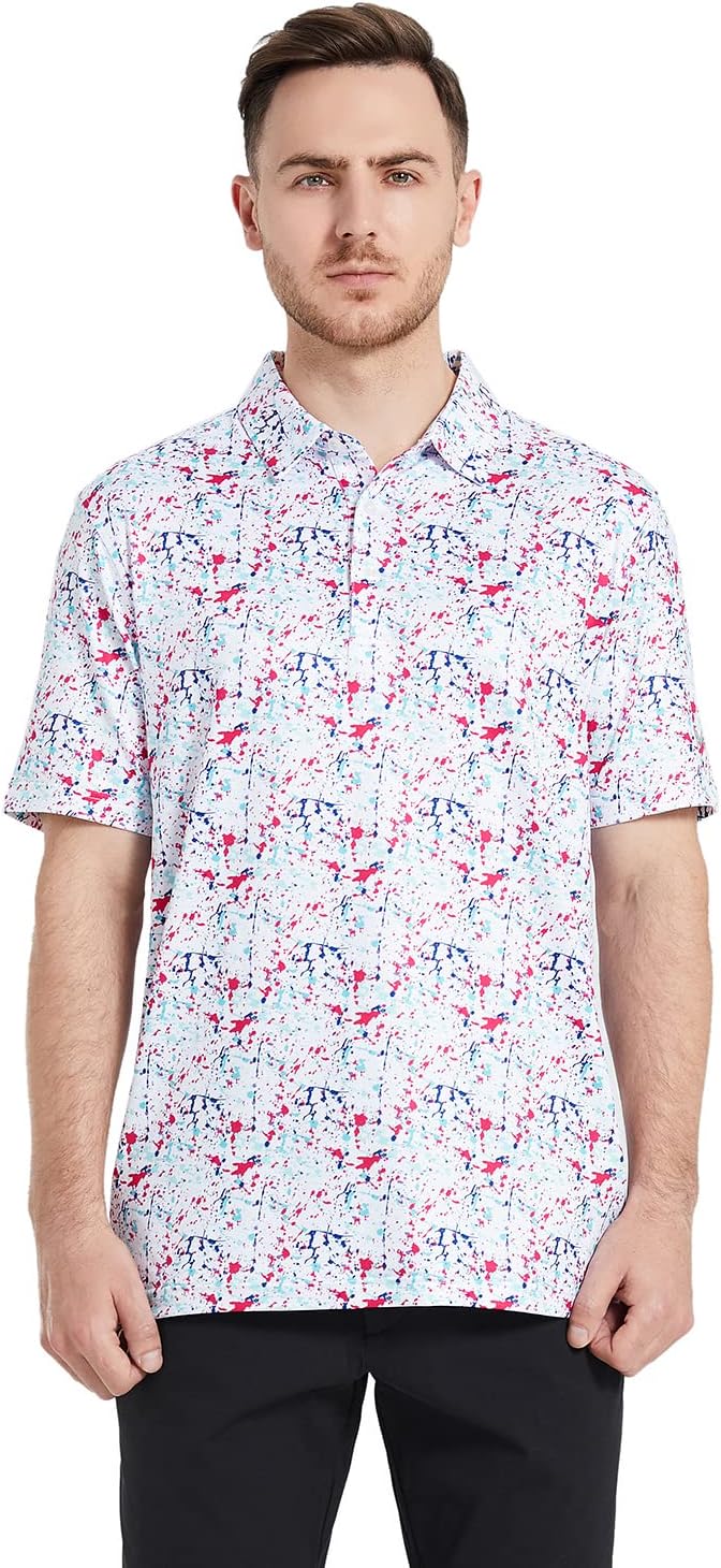 Golf Shirts for Men Dry Fit Short Sleeve Print Performance Moisture Wicking Polo Shirt