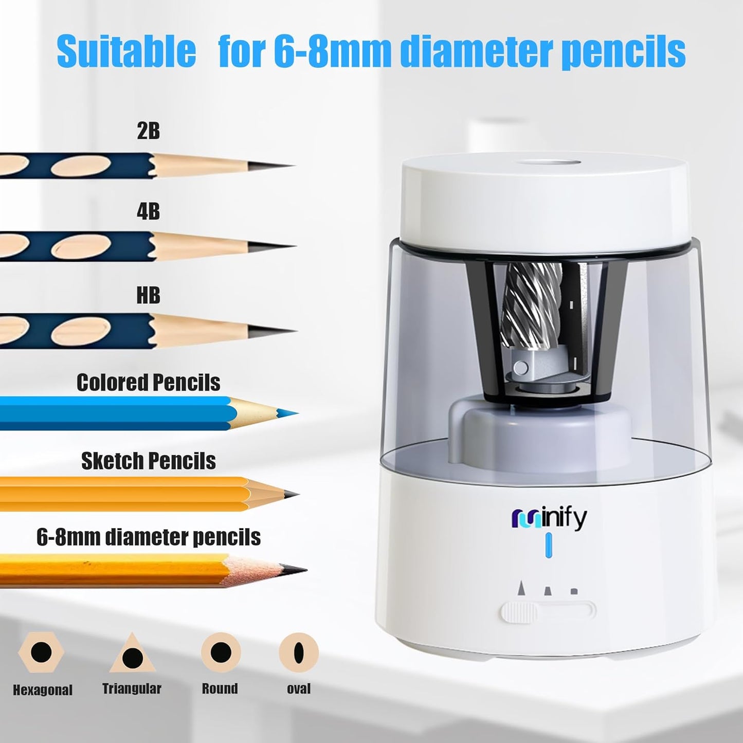 Pencil Sharpener Electric Pencil Sharpener Heavy Duty Blade Rechargeable Battery Powered Pencil Sharpeners for 6-8mm Colored Pencils Auto Stop Fast Sharpen in 3s (White)