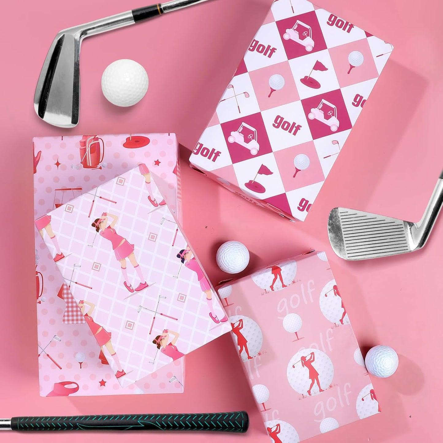 Golf Wrapping Paper 12 Sheets Pink Golf Themed Design Gift Wrap for Girls,Golfers,Golf Lovers,20"×28"