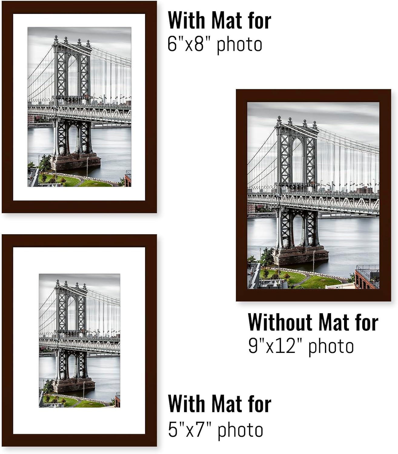 9x12 Picture Frames Solid Wood Display Pictures 6x8 or 5x7 with Mat, 9x12 Frame without Mat for Wall Mounting or Table Top (Brown)