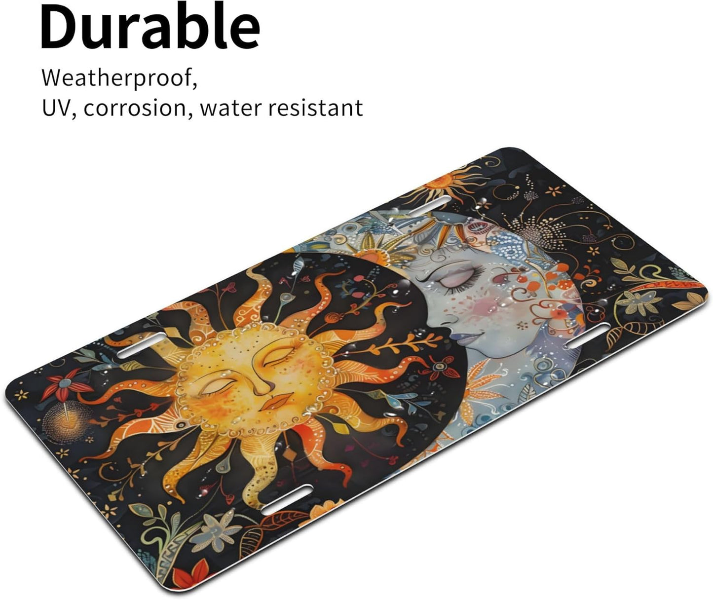 Front License Plate for Car Designs Abstract Sun Moon Flower Stainless License Plate Cover Holder for Men Women Metal Aluminum Decorative Accessory Vanity Tag Standard 6 X 12 Inch (4 Holes)