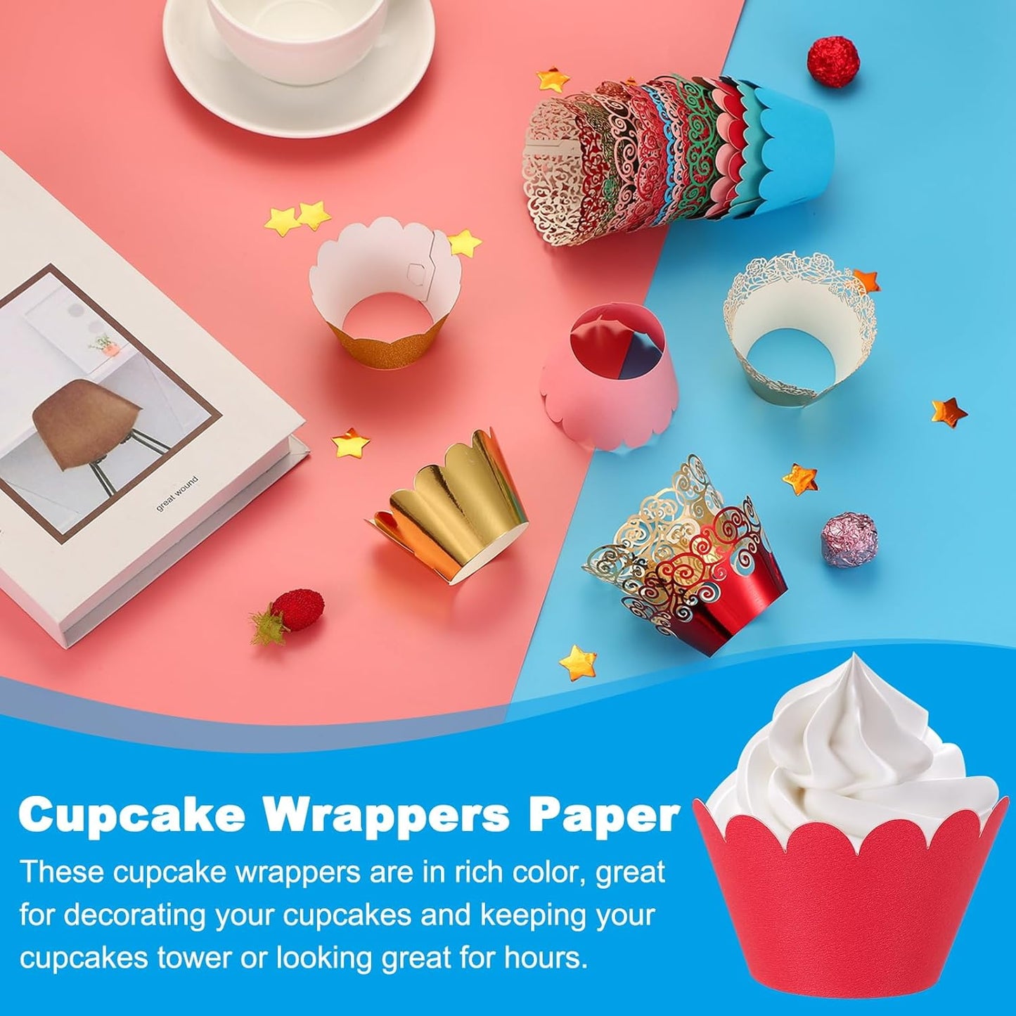 PATIKIL Cupcake Wrappers Paper, 50 Pack Baking Cups Standard Wave Decoration for Anniversary Birthday Weddings Parties, Red