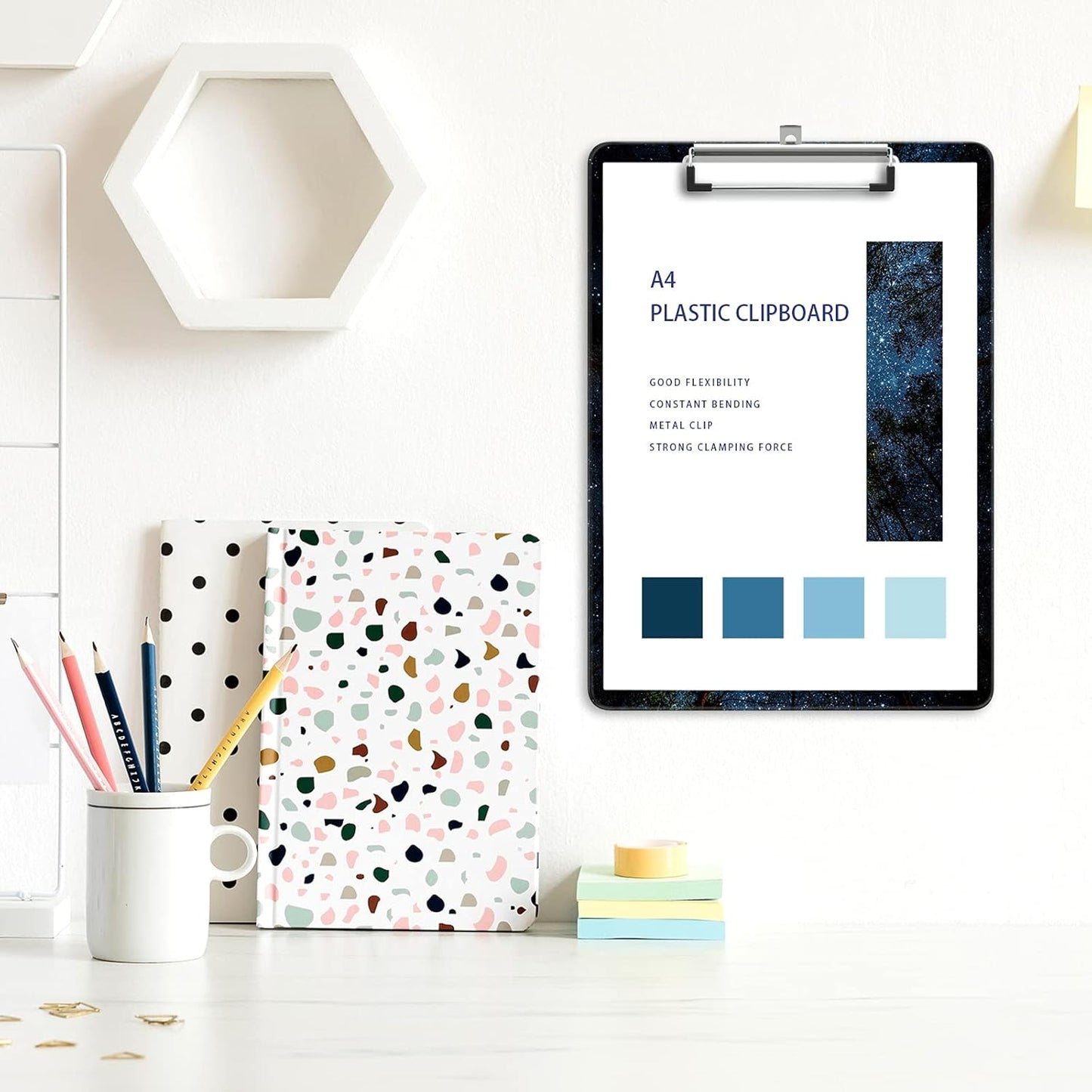 Plastic A4 Clipboards, Cute Clip Board Stardard Letter Size 9 x 12.5 in, Office Decorative for Students Women Men and Kids, Night Sky