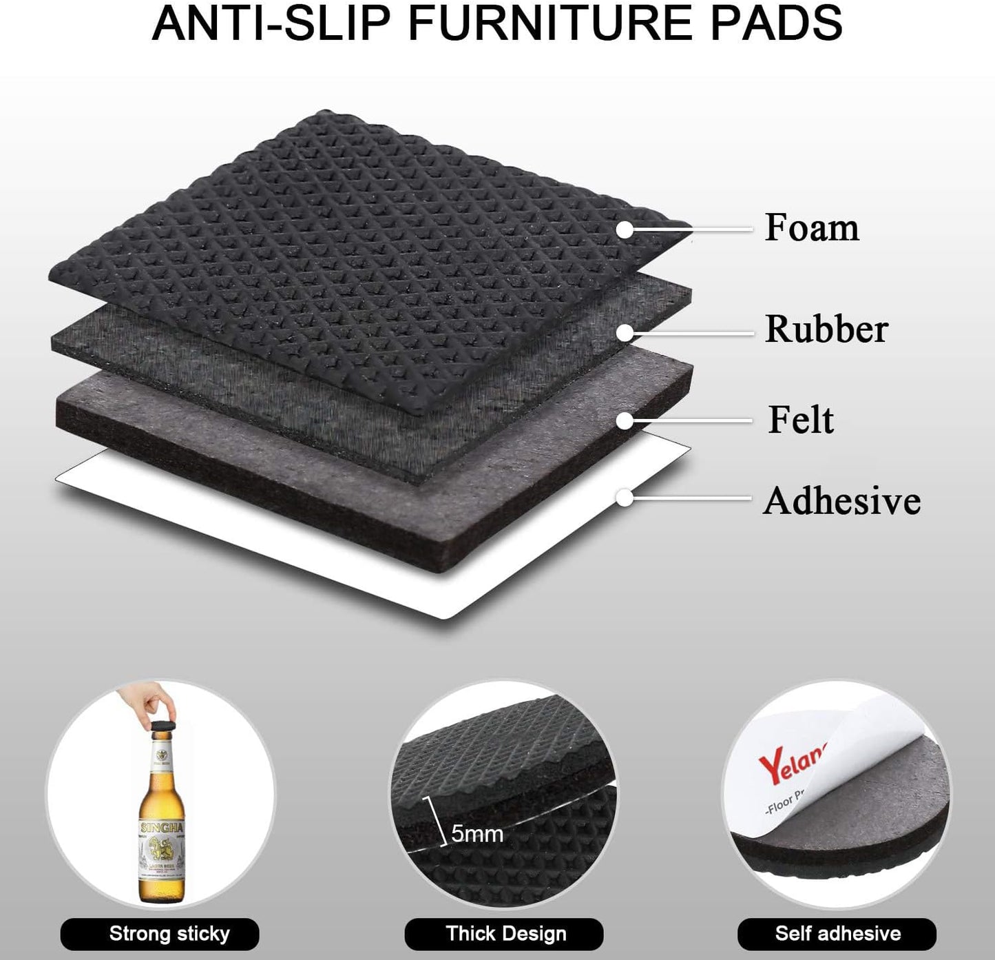 Yelanon Non Slip Furniture Pads -24 pcs 2’’ Furniture Grippers Hardwood Floors, Non Skid for Furniture Legs,Self Adhesive Rubber Feet, Anti Slide Furniture Floors Protectors for Keep Couch Stoppers