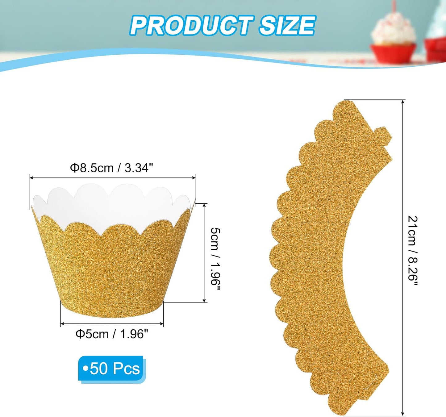 PATIKIL Cupcake Wrappers Paper, 50 Pack Baking Cups Standard Wave Decoration for Anniversary Birthday Weddings and Parties, Light Gold