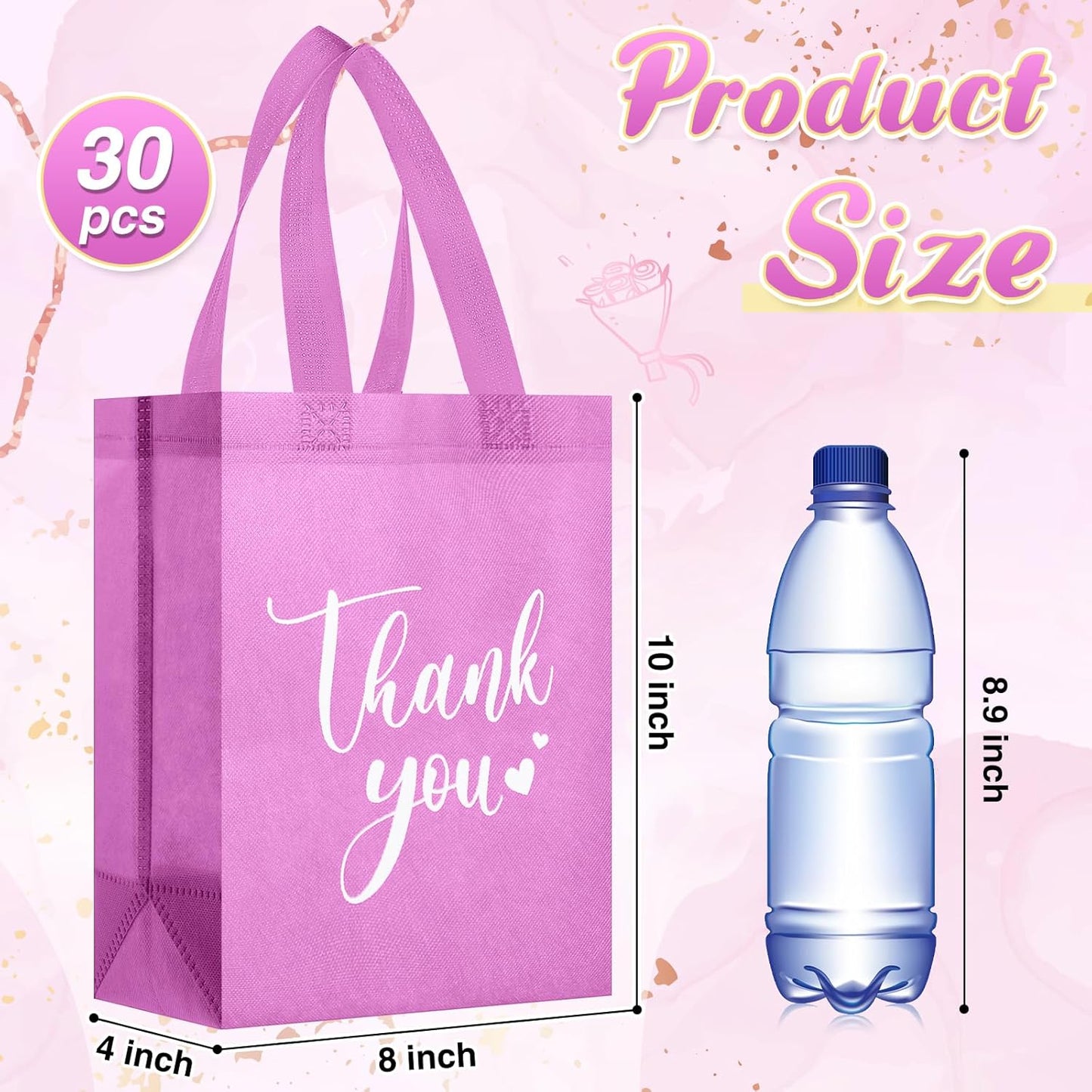 Sweetude 30 Pcs Thank You Gift Bags with Handles Bulk Reusable Goodie Bag Non Woven Foldable Handbag for Graduation Wedding Bridesmaid Gifts (10 x 8 x 4 Inch,Pink)