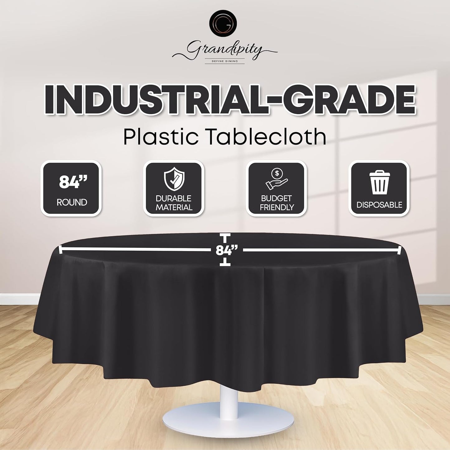 Grandipity 12 Pack Premium Disposable Plastic Tablecloth 84" Inch Decorative Round Table Cover - Dark Grey