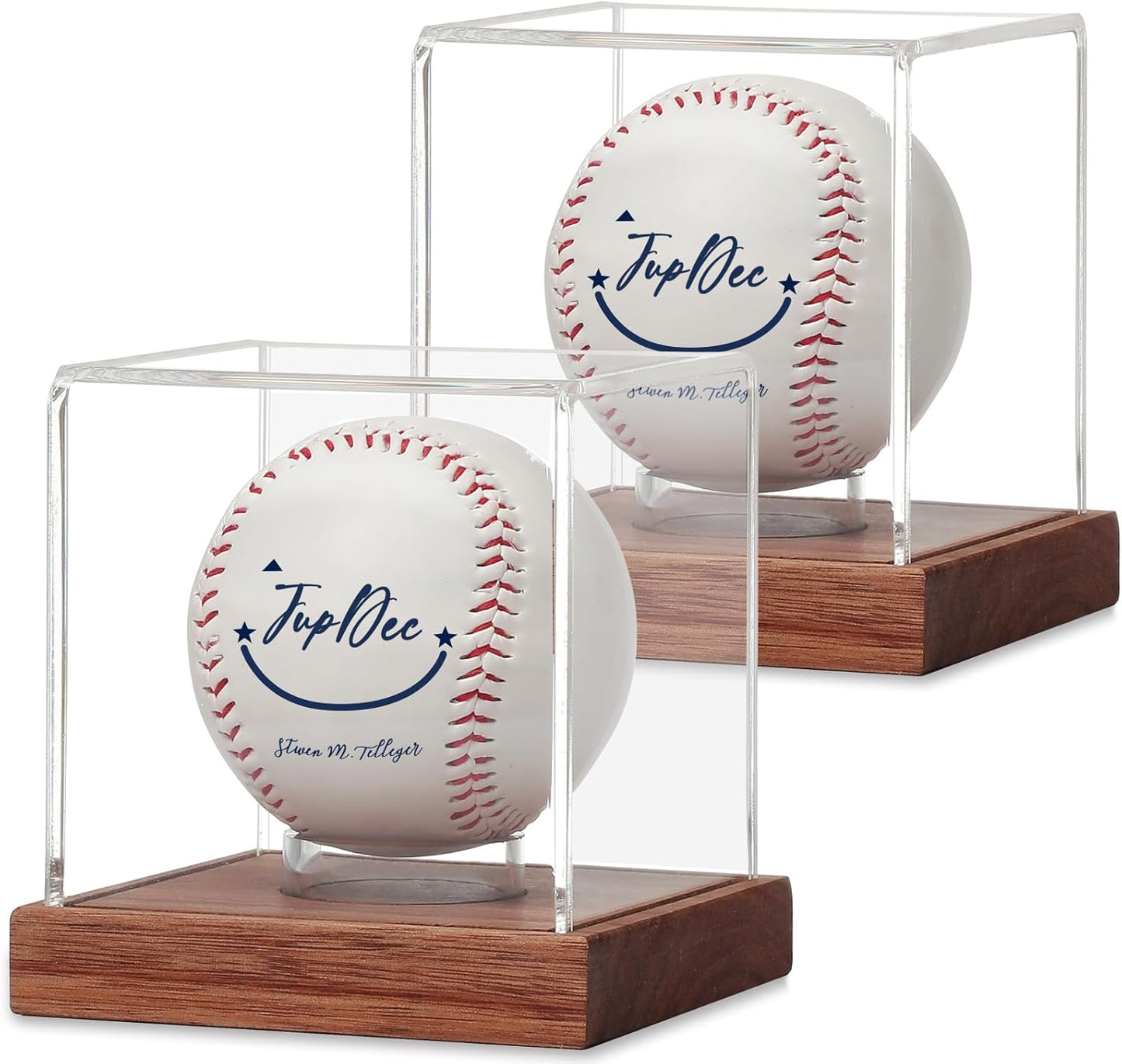 JupDec Baseball Display Case, Clear Cube Baseball Holder with Wooden Base, Autograph Baseball Stand Box for Single Ball, Acacia Wood, Brown, 2 Pack