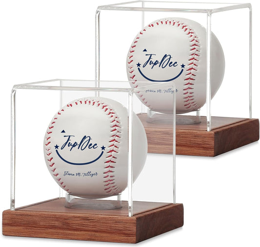 JupDec Baseball Display Case, Clear Cube Baseball Holder with Wooden Base, Autograph Baseball Stand Box for Single Ball, Acacia Wood, Brown, 2 Pack