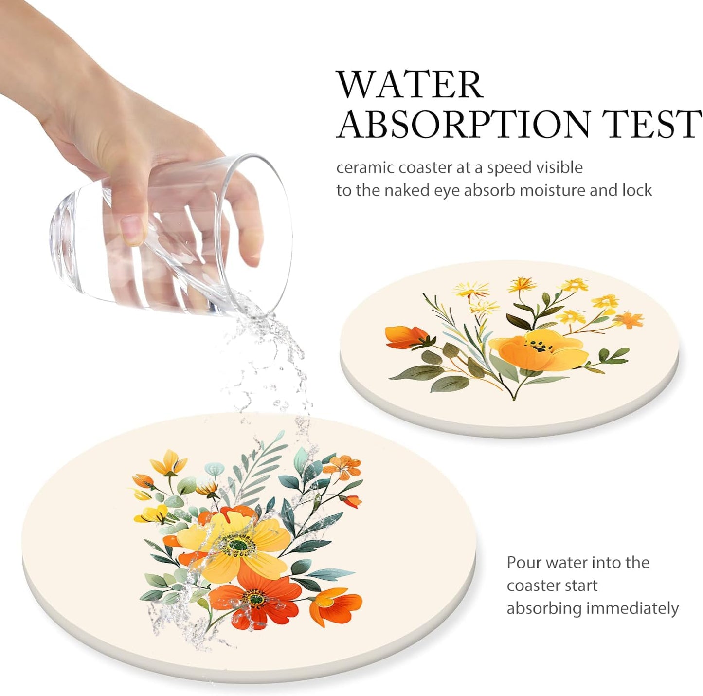 Boho Set of 6 Coasters for Drinks Absorbing Round Ceramic Stone Coaster with Cork Base,Tabletop Protection Mat for Mugs and Cups,Office,Kitchen (Yellow Flower)