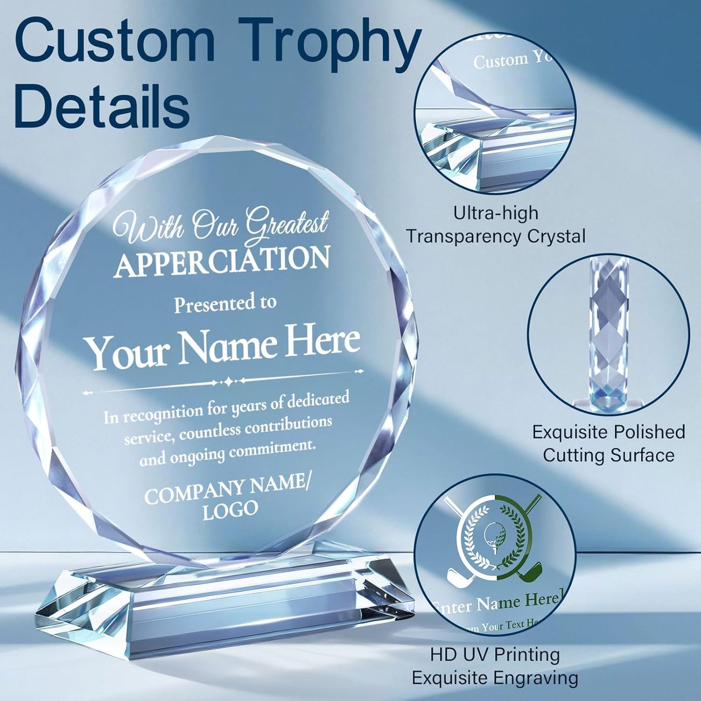Custom Trophy Award, Plaques Personalized Engraved with Logo, Crystal Awards and Trophies for Corporate, Employee Recognition, Retirement, Sports - Coworker Employee Appreciation Gifts