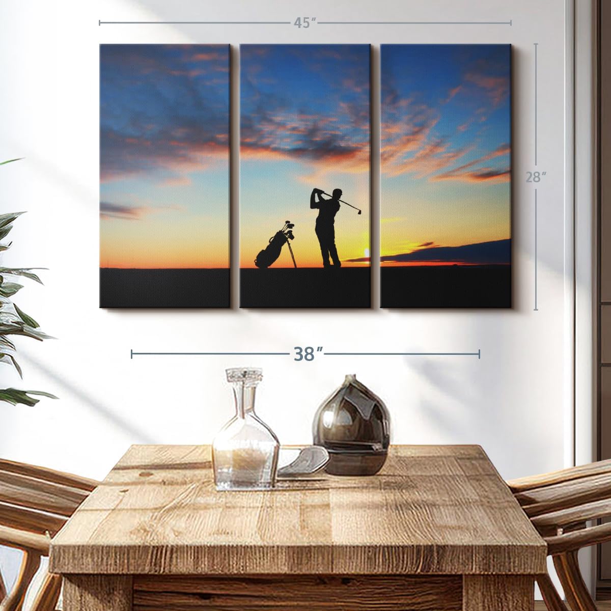 ElephantStock Golfing At Sunset Wall Art - Horizontal Canvas - 3-Piece Living Room Wall Decor - Golf Photography Canvas Print - Black and Orange Decor for Wall - 45" X 28"