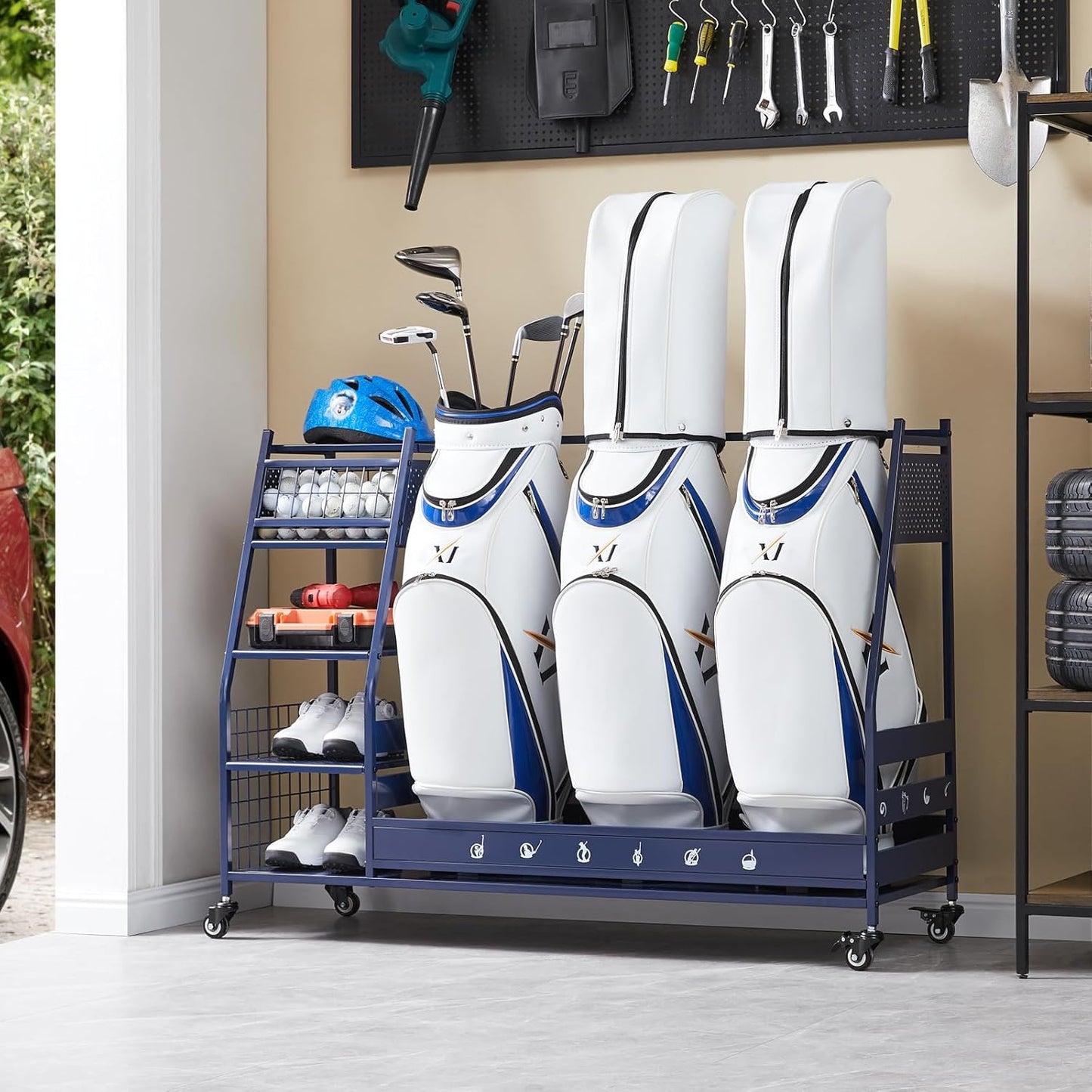 Lauren&Harold Golf Bag Organizer Garage Storage, Golf Storage Rack Stand Fits 2 Golf Bags, Golf Clubs and Other Golfing Equipment Accessories, Golf Organizer for Garage, Club, Shed, Basement