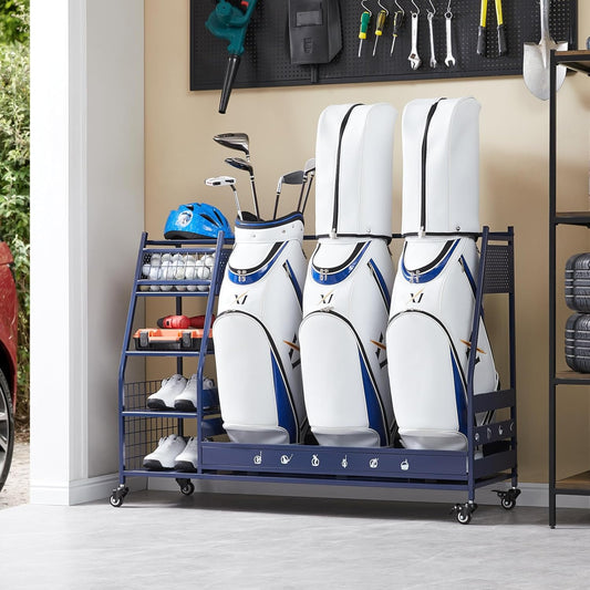 Lauren&Harold Golf Bag Organizer Garage Storage, Golf Storage Rack Stand Fits 2 Golf Bags, Golf Clubs and Other Golfing Equipment Accessories, Golf Organizer for Garage, Club, Shed, Basement