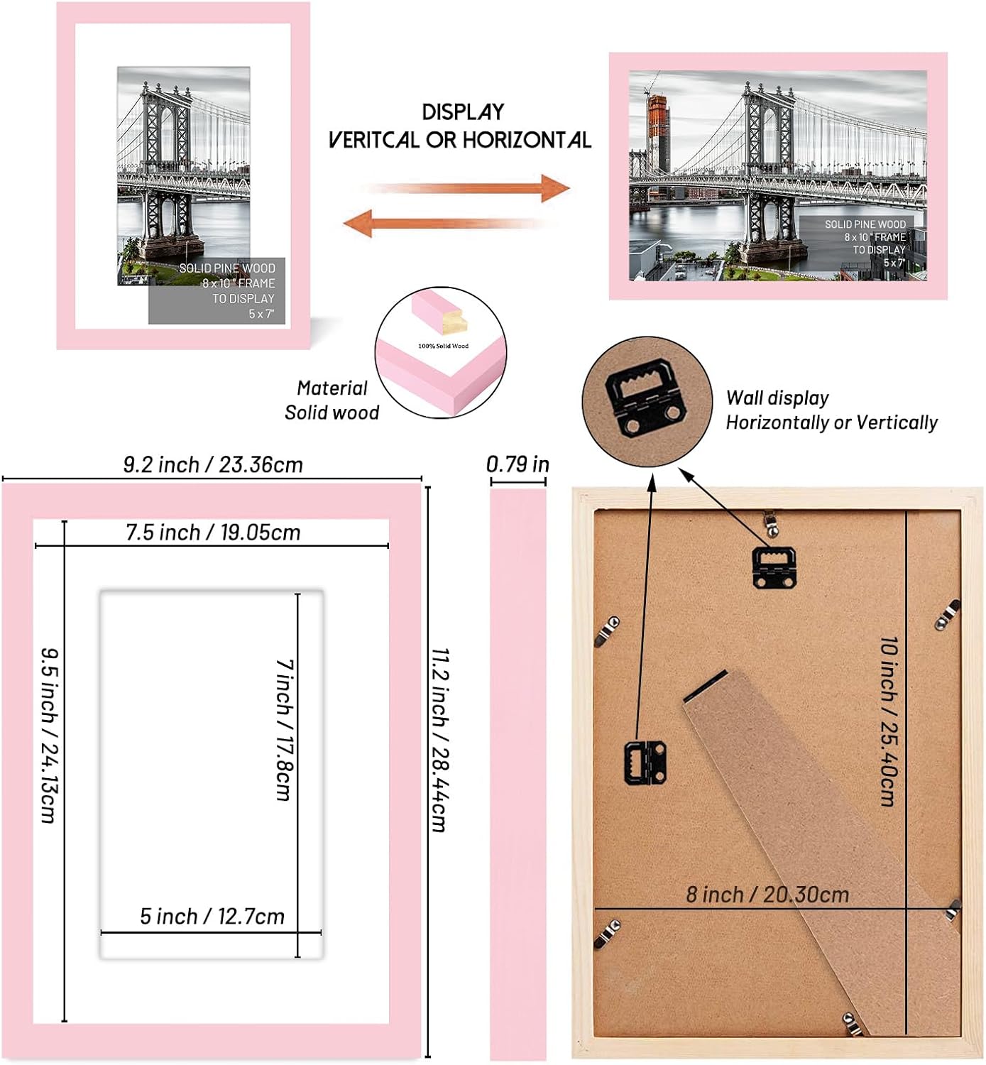 8x10 Solid Wood Picture Frames - 5x7 with Mat or 8x10 without Mat - Poster Photo Frame Art - Wall Mounting or Table Top (Pink)