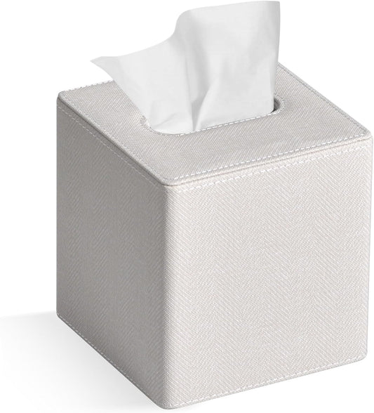 Tissue Box Cover Square PU Leather Facial Tissue Box Holder for Dresser Bathroom Decor (Linen Beige)