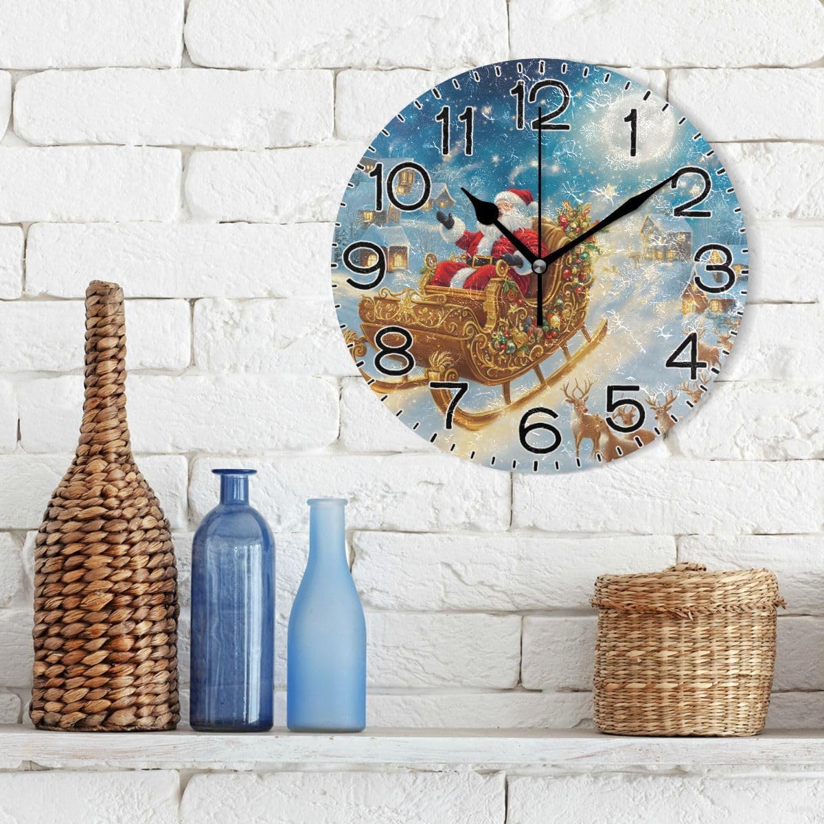 ALAZA Christmas Santa Claus Elk Moon House Wall Clock Battery Operated Non Ticking Silent Quartz Analog Rustic Farmhouse Round Clock Retro Decor for Home Kitchen Living Room Bathroom