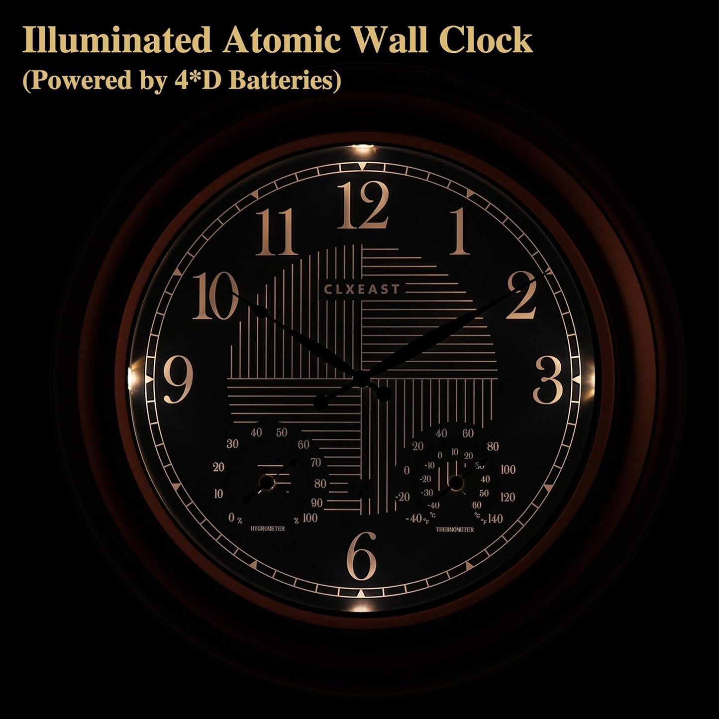 CLXEAST 24 Inch Illuminated in/Outdoor Lighted Atomic Analog Wall Clock with Thermometer & Hygrometer, Oversized Large Waterproof Wall Clocks for Living Room Decor,Bronze Finish