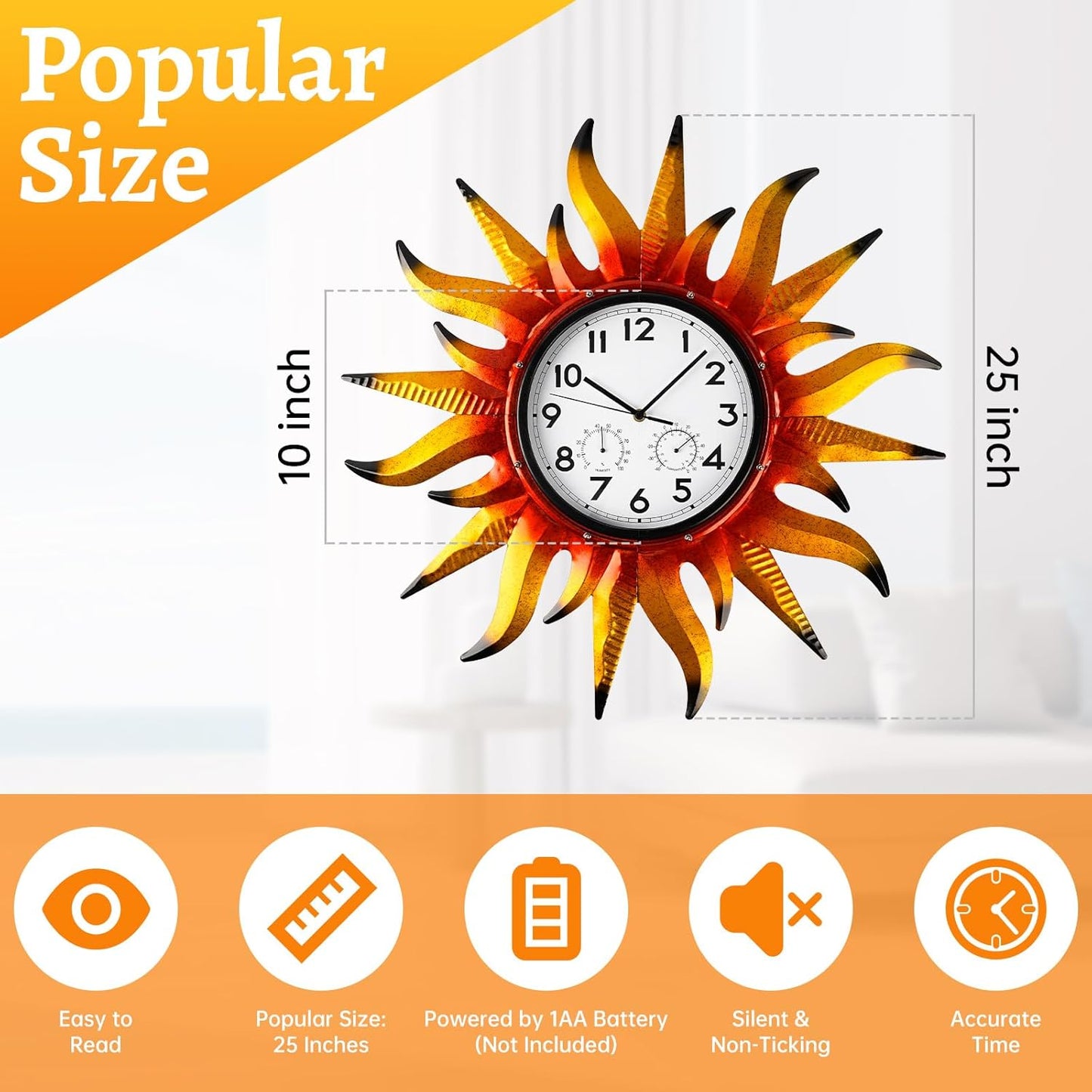 25-Inch Sun-Shaped Outdoor Clock and Thermometer Set, 10-Inch Dial, Battery Powered, Waterproof, Silent Quartz Movement (Yellow)
