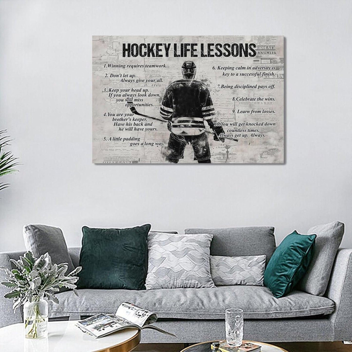 Vintage Hockey Sports Wall Art Life Lessons Sign Retro Poster for Boy Men Room Motivational Decorations Canvas Print Painting Artwork for Bedroom Bathroom Living Room 24"x16"