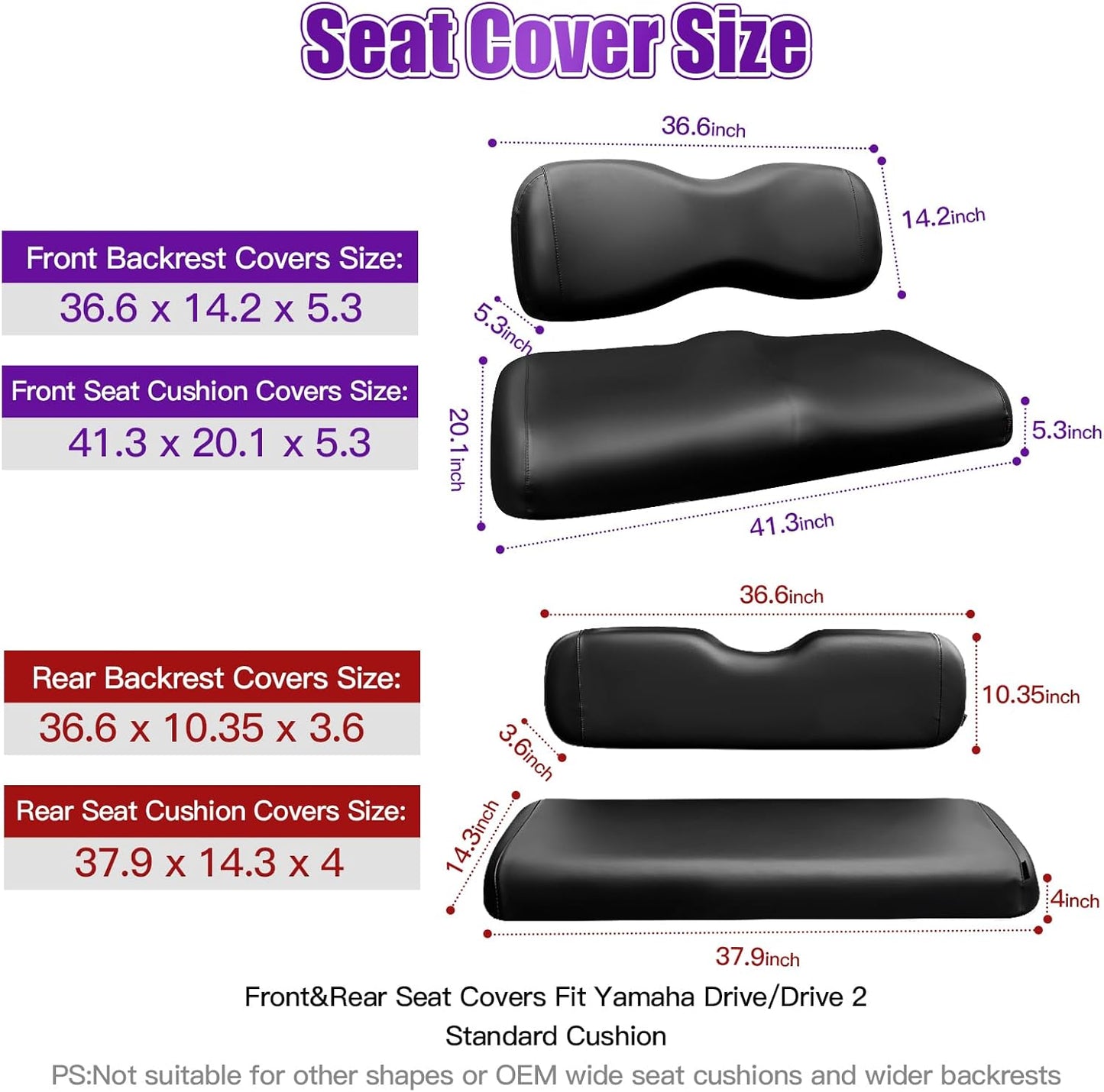 4PCS Golf Cart Seat Covers Kit,Front and Rear Seat Cover for Yamaha Drive/Drive 2 Standard Seat Cushion,Smooth and Simple Style, Waterproof Replacement Seat Cover(Black)