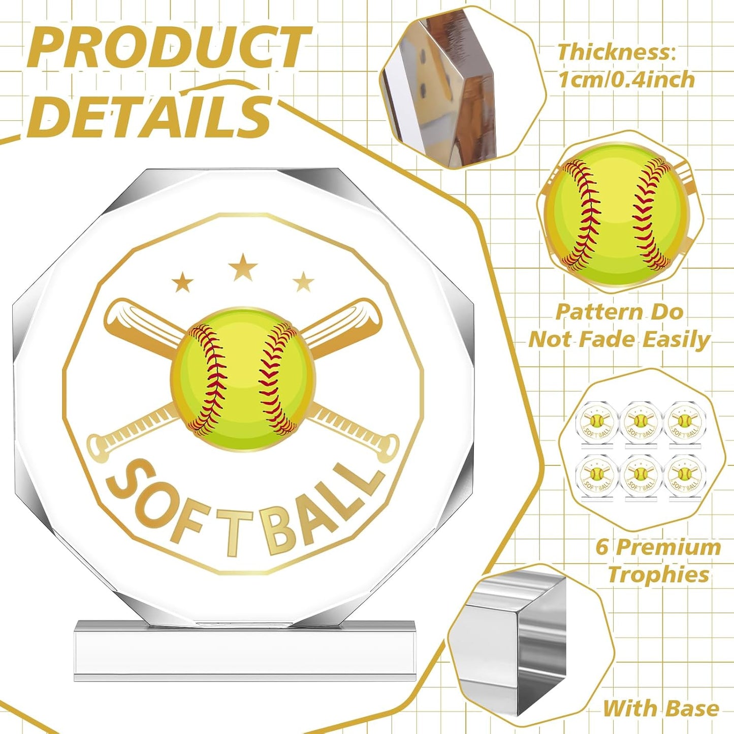 6 Pack Sports Trophy Acrylic Award Medals 4.72 x 4.72 Inch Sports Contest Trophies Bulk Plaques Team Prize Gift Trophies for Competition