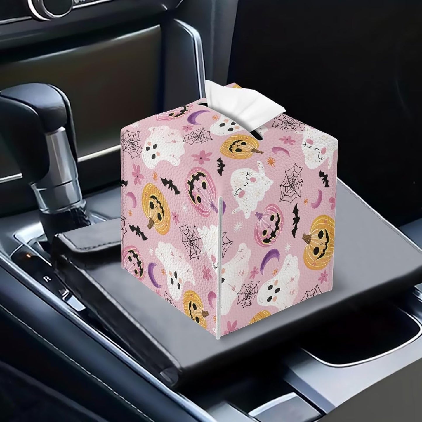 Cute Ghost Tissue Box Cover Square Tissue Box Holder Pink Facial Paper Organizer Home Decoration Accessories for Desk Bathroom Vanity Countertop, Pumpkin Spider Web Print