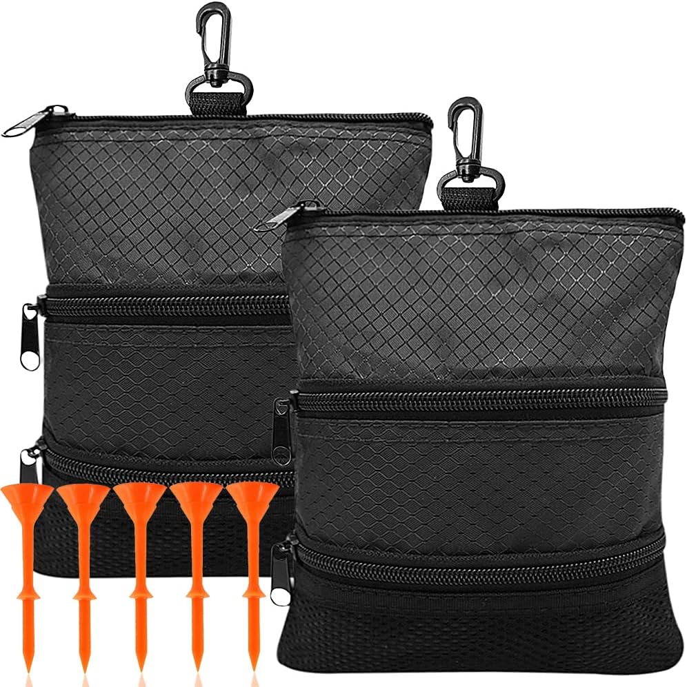 Golf Bag Accessories Valuables Pouch Bags Multi Pocket Zipper Hook with 10 Pcs Wood Golf Tees for Men Women
