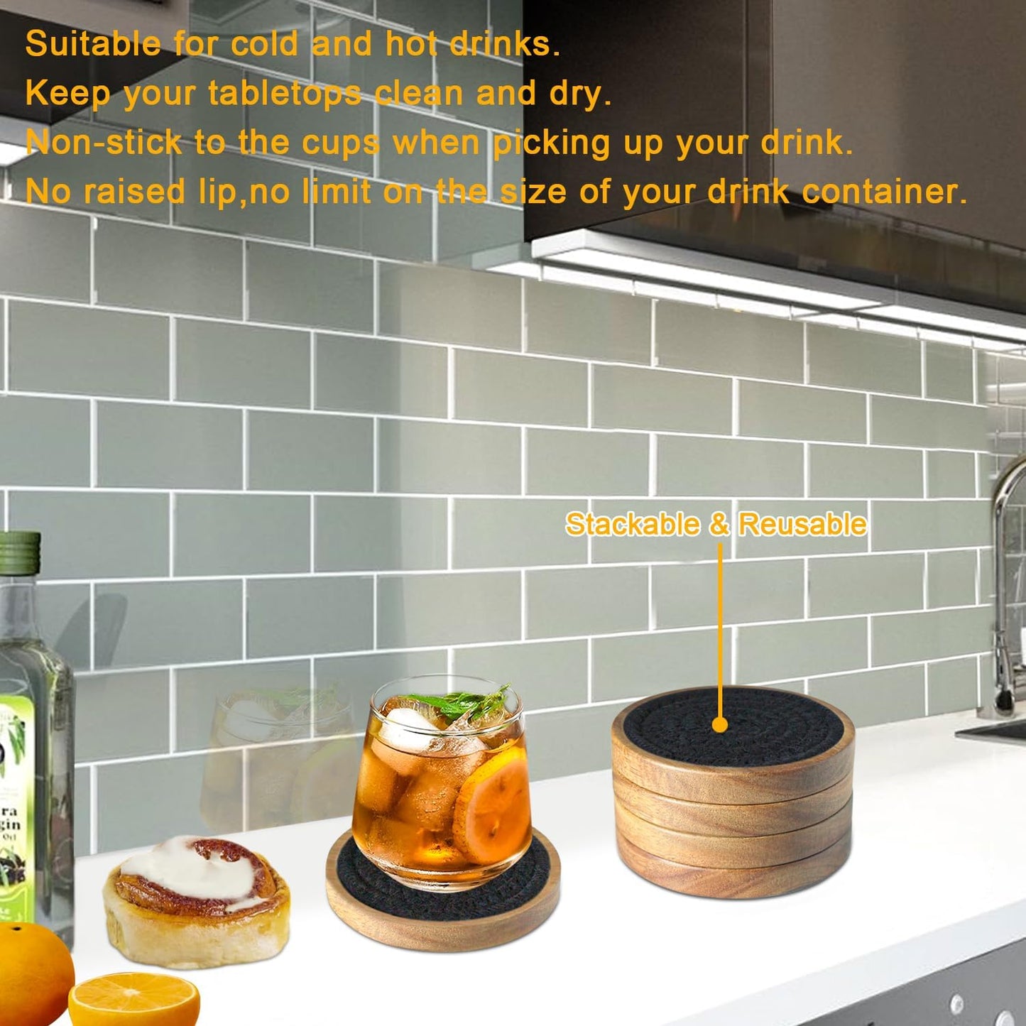 Drink Coasters Set of 5, Coasters for Drinks Absorbent, Wood Coasters for Coffee Table, Housewarming Gift for Farmhouse Home Decor,4 inches (Black)