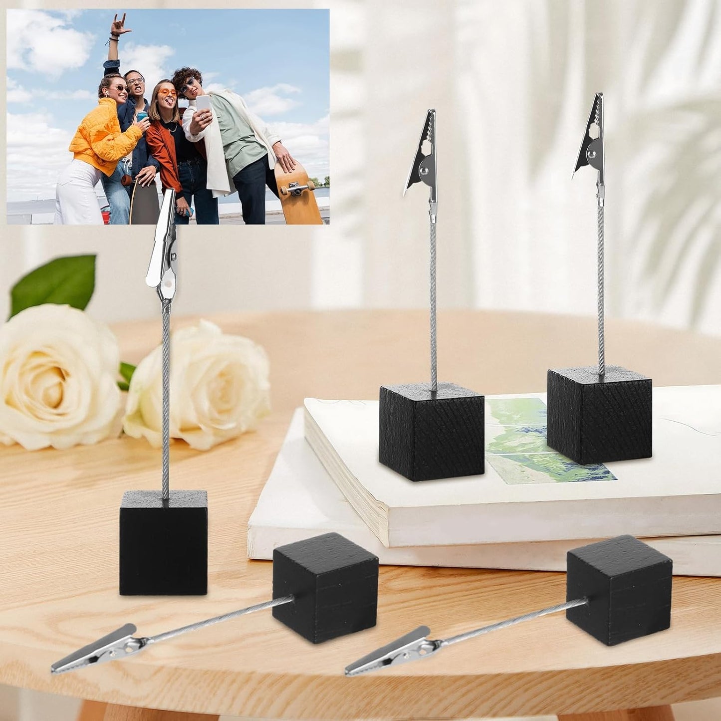 50 Pcs Place Card Holder Cube Photo Clips Holder with Alligator Clip, 4.7 x 1 Inch Table Number Holders Cube Base Memo Clips Holders for Displaying Pictures Number Card Wedding Party (Black)