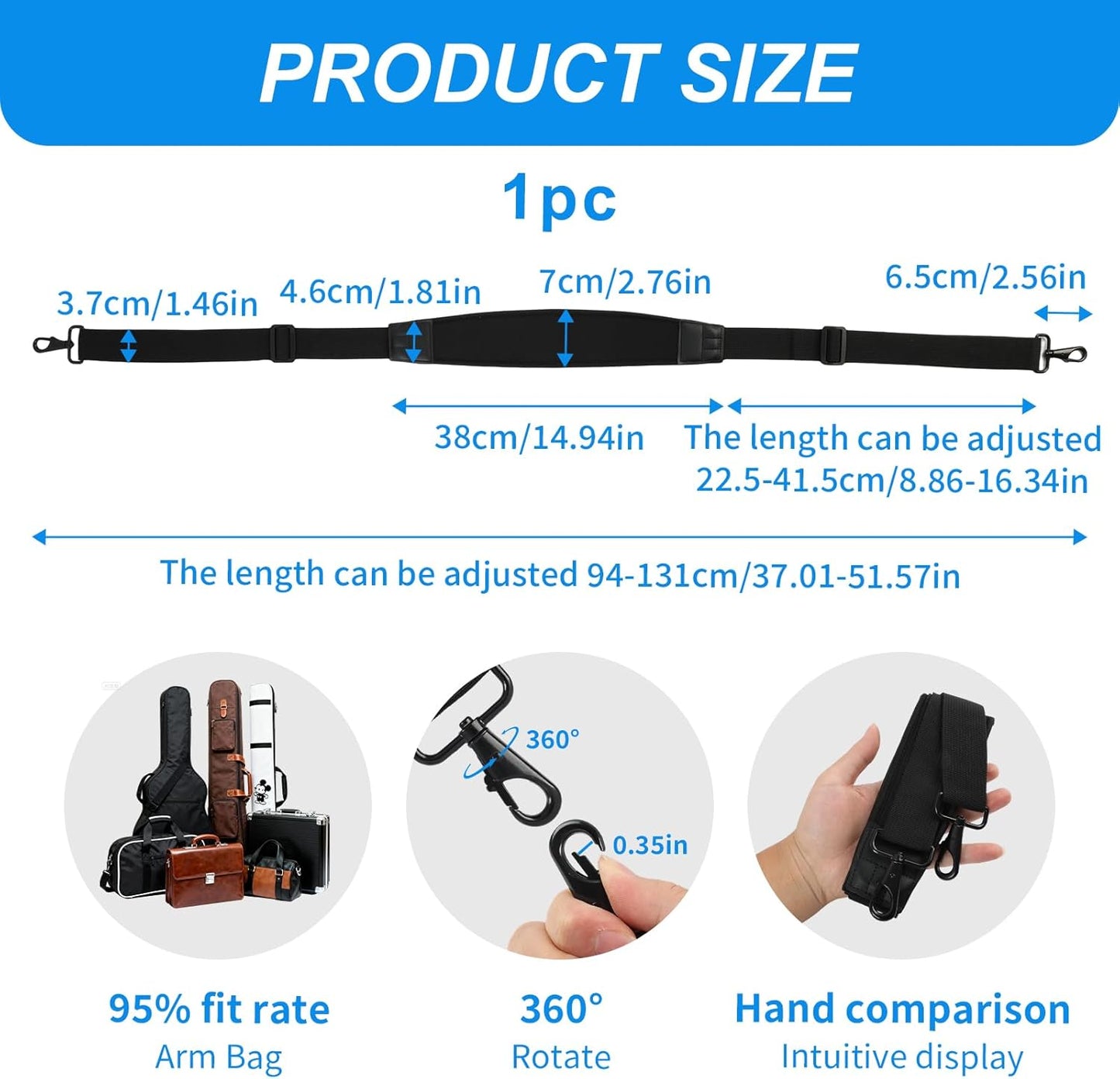 Adjustable Padded Shoulder Strap 37-51.6 Inches Crossbody Bag Strap, with Zinc Alloy Hooks & Plastic Buckles, for Luggage, Duffel, Golf Bags