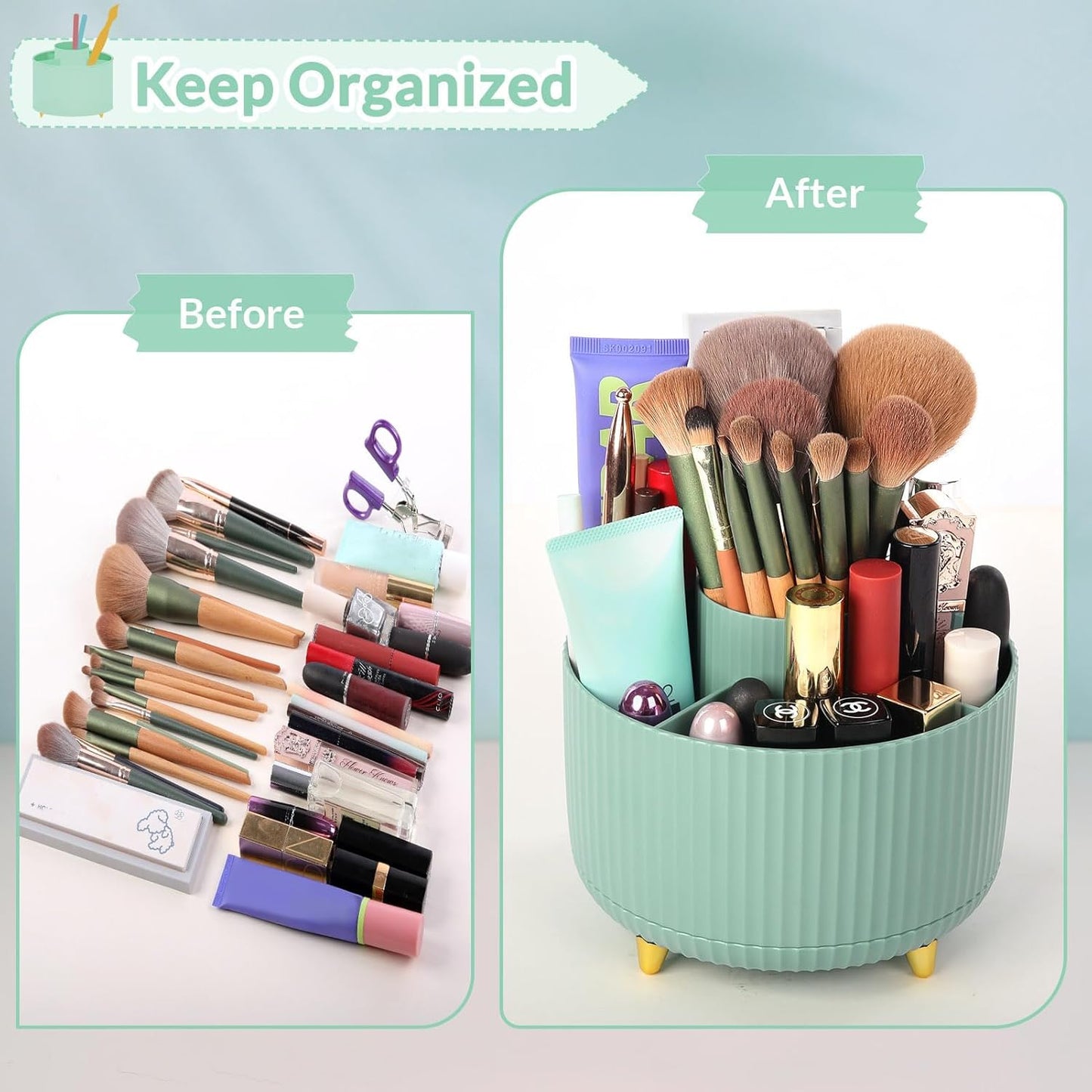 SKYDUE 360 Degree Rotating Desk Organizer, Dual-Purpose Pencil Pen Holder for Desktop, Rotating Desk Pen Organizer with 5 Slots, Pencil Cup for School, Home, Office Supplies (Bean Green)