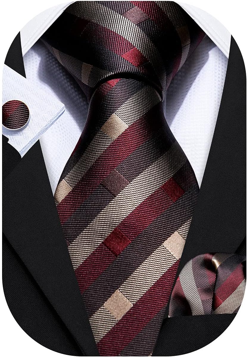 Barry.Wang Designer Classic Ties for Men Set Formal Pocket Square Cufflink Check Plaid
