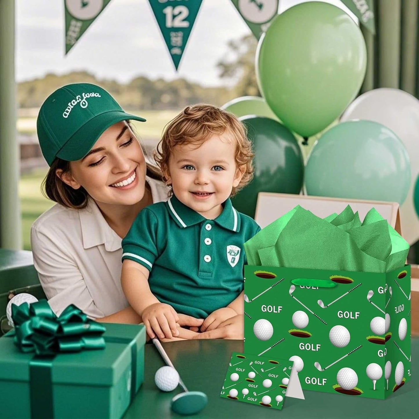 Golf Club Gift Bag, Green and White Golf Gift Bag with Card and Tissue Paper, Sports Theme Party Decor for Men, Fans, Birthday Party Supplies, Milestone Celebrations
